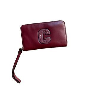 Coach Varsity Letter C Logo Crimson Leather Wallet Wristlet Burgundy 22703